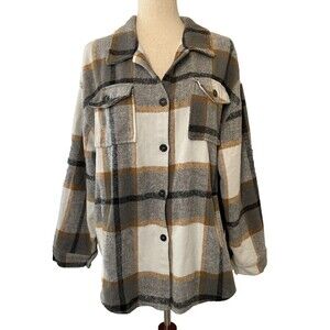 Beaully Womens Plaid Button Front Shacket Jacket Long Sleeve Oversized Shirt XL